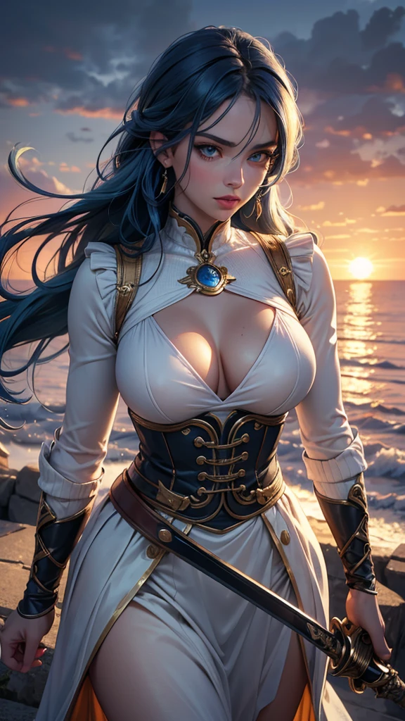 (best quality,4k,8k,highres,masterpiece:1.2),ultra-detailed,(realistic,photorealistic,photo-realistic:1.37),knitted clothes,1_solo girl,blue hair,gold eyes,swordman,beautiful detailed eyes,beautiful detailed lips,long eyelashes,brave expression,standing tall,powerful pose,sparkling sword,gorgeous sunset background,vibrant colors,dramatic lighting, from above 