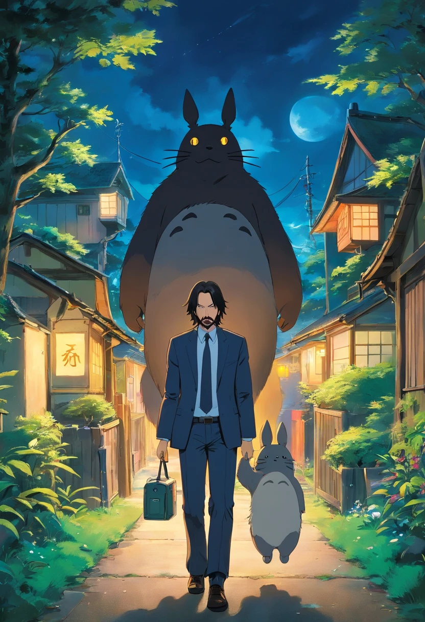 John Wick in "My Neighbor Totoro", by Studio Ghibli,Illustration by Hayao Miyazaki,,starring Keanu Reeves,