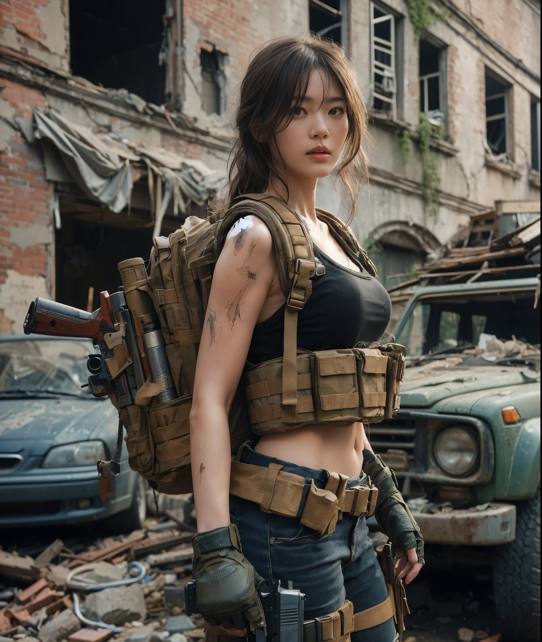 (8K, RAW photos, best quality,Ultra-high resolution，Ultra-clear details， masterpiece:1.2),(Practical, Practicalな写真:1.4),(Highly detailed CG Unity 8K wallpaper),(Round Face: 1.5), (Fine pupils:1.3),(God&#39;s eyes:1.1),(Unforgettable eyes:1.1),(You have beautiful eyes:1.1),
20 years old, Korean woman, Beautiful delicate face、Fair skin, You are wearing clothes.s. Hold an assault rifle in both hands，Marines,Bulletproof vest、Backpack、heavy equipment、（full-body shot） Battles on the battlefield, Strong muscles, World War, Modern war themes,Army girl, running、Assault rifle with precise details, (Hold on to your rifle.: 1.3), (Aim and hold the rifle.: 1.3), Shootout, , car on fire, War Zone,, explode, Burning City, cigarette, Broken Tower, belly button, Gloves, Torn pants, A face stained with mud and blood, Sweating of the skin, Bloody Skin, muddy skin, Declaration of determination, Accurate expression, best quality, Ultra-high resolution, Practicalな, 、Physically Based Rendering(Physically Based Rendering(Physically Based Rendering)), light, complicated, Feeling,像一样柔和的light, Pleasant tone, Battlefield Background, city war background, Practical, Cowboy shooting, Dynamic Angle,, Mahindra Thar, electric wire, 8K!!, 偉大なmasterpiece,, Production: Tom Karafik、Impressive pose