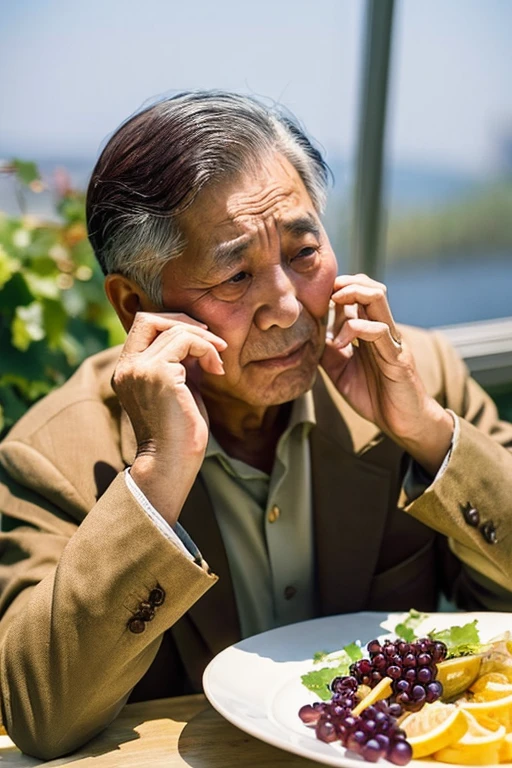 Korean grandfather crying while eating Muscat grapes