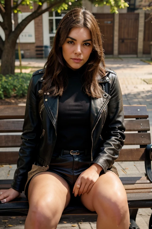 Make a girl in a leather jacket and sitting on a bench and dog Bull mastiff next to her