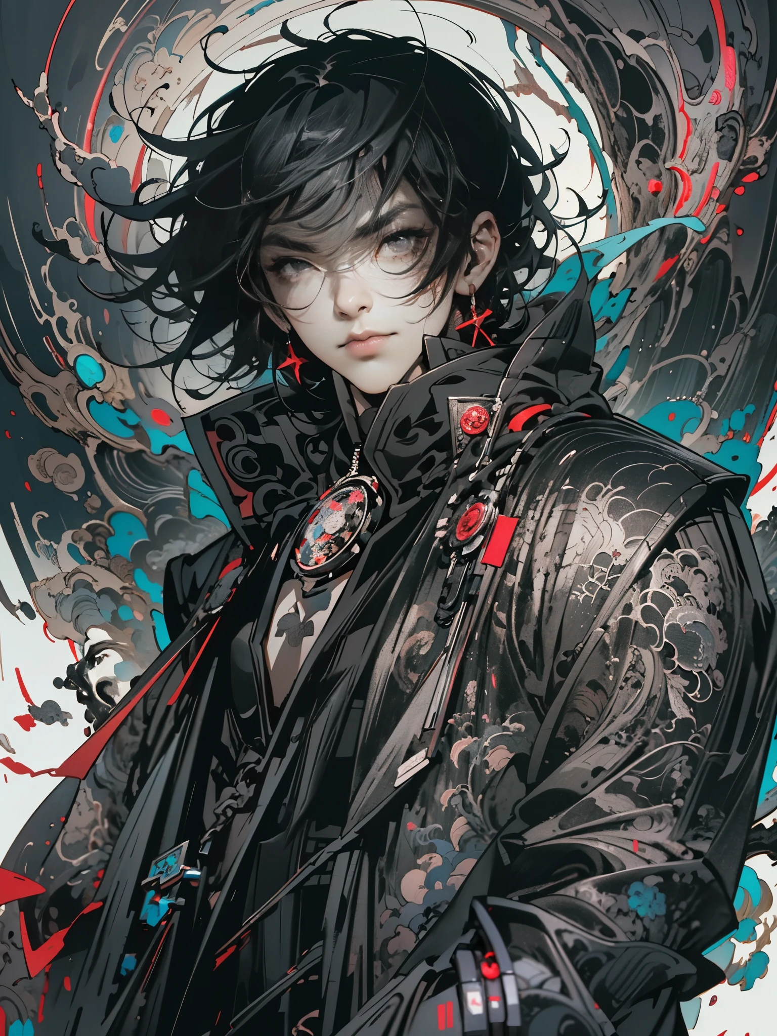 (((1man))) wearing a ((best quality)) leather coat, ((medium black hair)) styled in an emo fashion, and vibrant black eyes that ((look at the viewer)) with intensity. This ((masterpiece)) showcases the ((fantasy aesthetics)) of the ((shadowverse style)) with ((highly detailed)) features. The ((solo)) male focus creates a captivating atmosphere as he stands confidently, his ((closed mouth)) adding a sense of mystery. The image is captured in ((best quality)), allowing for ((medium black hair)) to have a lustrous shine and the vibrant black eyes to mesmerize.