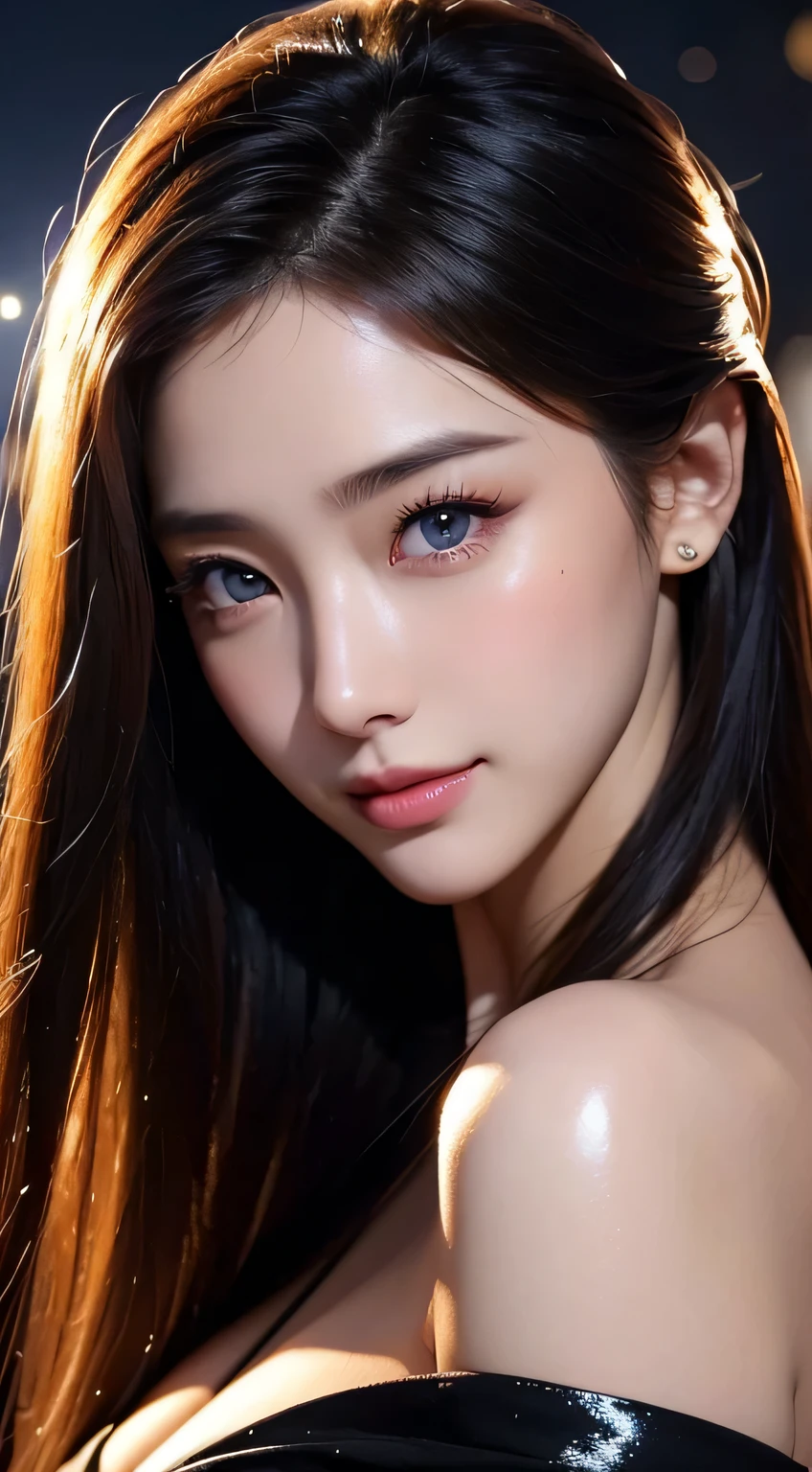 Kimono beauty, body portrait, 8k, thin and beautiful eyes, Dindal effect, masterpiece, top quality, high quality, high resolution, very detailed photo, (natural skin texture, fine skin, hyper realism, super sharpness) , high detail skin, (very fine, fine skin texture, intricate details, beautiful face, (real-like face), realistic eyes, beautifully detailed eyes, realistic skin, beautiful skin, surreal, Highly detailed, golden ratio, smiling eyes, ((night moonlight background)), body portrait, G cup, big breasts, huge breasts, big breasts, glamorous, shiny bodysuit