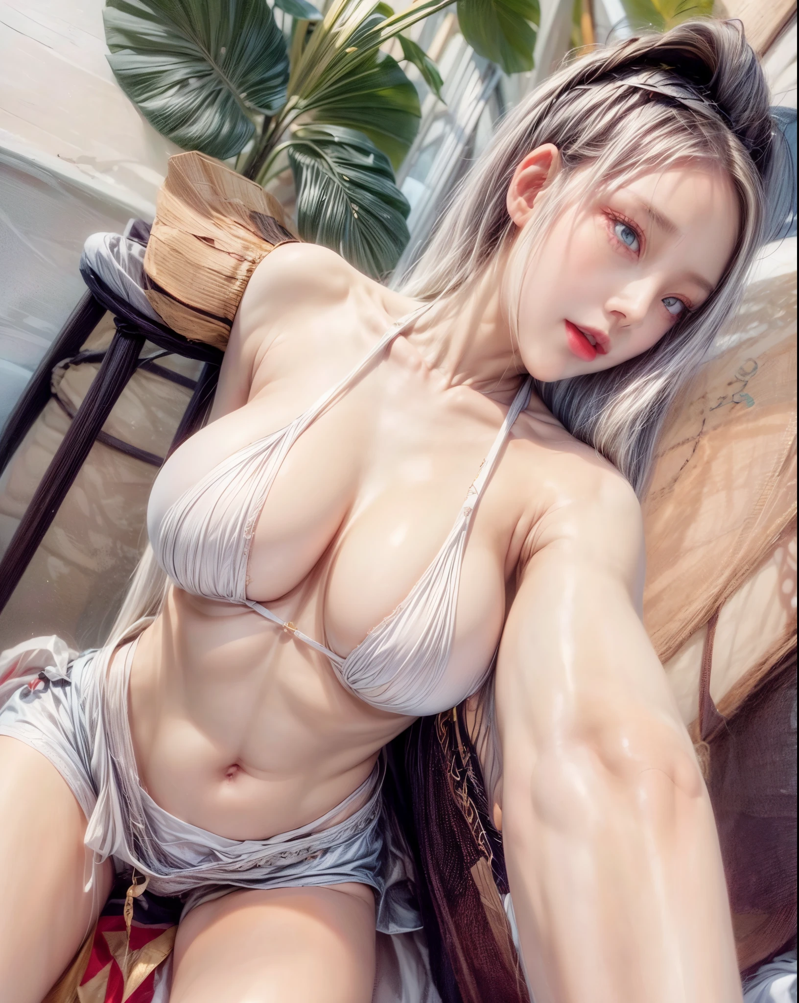 realistic, 1 women, best quality, 12k, HD, long hair, big round breasts, cleavage, ponytail, necklace, jewelry, shorts, short jacket, slim hips, hair tie, yellow eyes, black hair, super detailed, Eye details, hair details, person details, mouth details, face details, breast details, clothes details, hair details, pants details, hand details, whole body