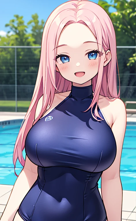 (masterpiece:1.4、top-quality、illustration:1.4,realistic、)、(character focus、breast focus,upper body:1.3)、(1girl),(Open mouth happy smile:1.3),(half closed eyes),cute face,blue eyes、()、
,(stand:1.4),(Shining smile),
,(slender),(high neck halter swimsuit:1.3),(pink long hair:1.6,forehead:1.3),(single braid), (large breasts:1.3)、
、slender、pool,、
