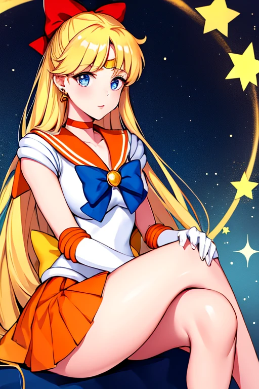 masterpiece, best quality, highres, venus1, 1girl, solo, sailor senshi uniform, sailor venus, aino minako, blonde hair, magical girl, blue eyes, orange skirt, elbow gloves, tiara, pleated skirt, hair bow, orange sailor collar, miniskirt, choker, red bow, orange choker, white gloves, very long hair,  jewelry,  earrings, sitting, crossed legs,