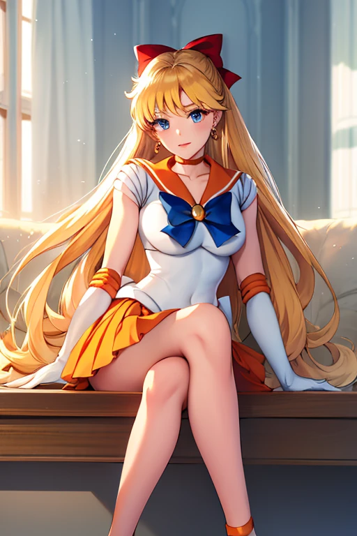 masterpiece, best quality, highres, venus1, 1girl, solo, sailor senshi uniform, sailor venus, aino minako, blonde hair, magical girl, blue eyes, orange skirt, elbow gloves, tiara, pleated skirt, hair bow, orange sailor collar, miniskirt, choker, red bow, orange choker, white gloves, very long hair,  jewelry,  earrings, sitting, crossed legs,