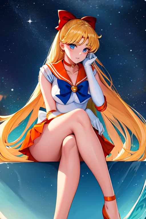 masterpiece, best quality, highres, venus1, 1girl, solo, sailor senshi uniform, sailor venus, aino minako, blonde hair, magical girl, blue eyes, orange skirt, elbow gloves, tiara, pleated skirt, hair bow, orange sailor collar, miniskirt, choker, red bow, orange choker, white gloves, very long hair, jewelry, earrings, sitting, crossed legs,