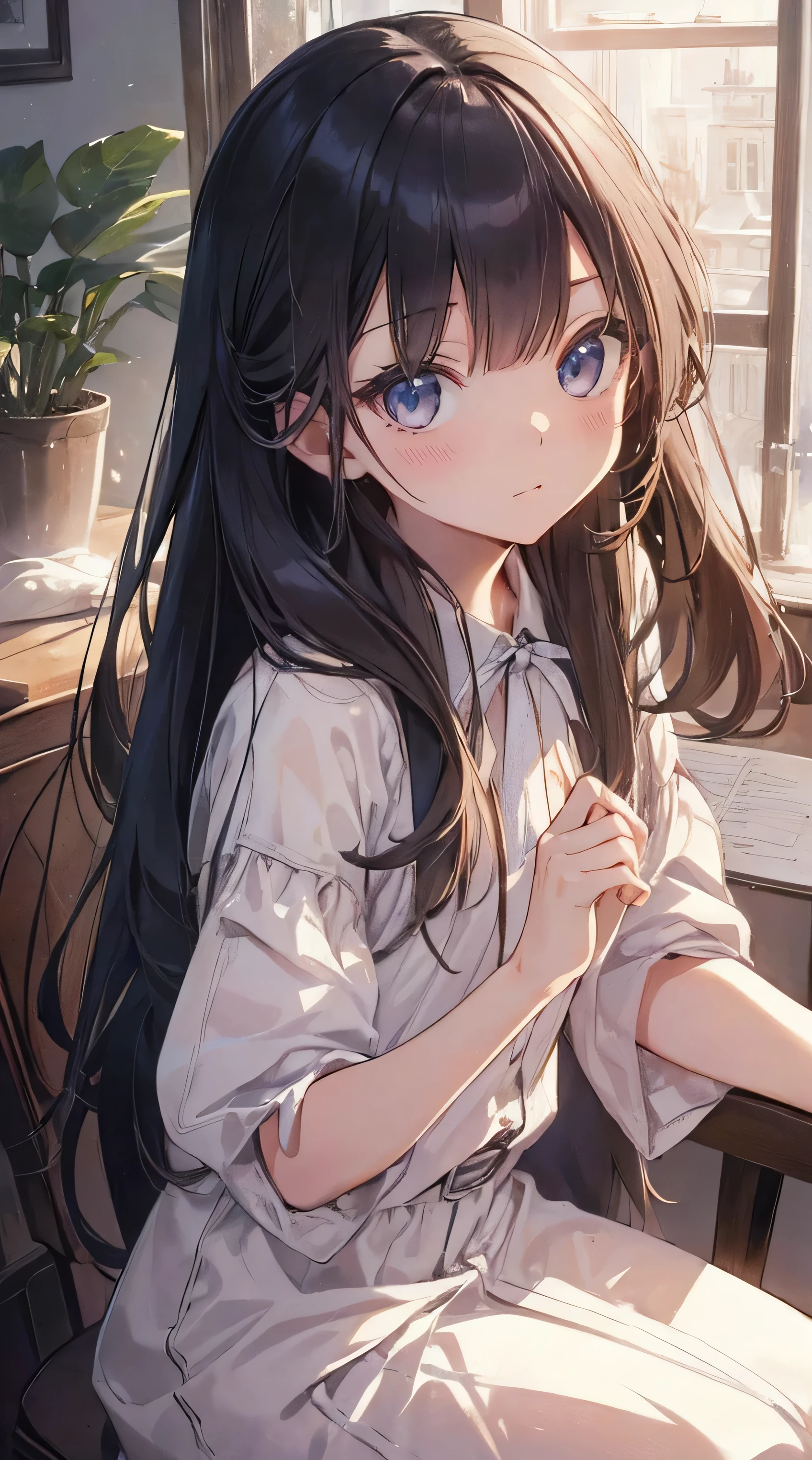 Masterpiece、Highest quality、highest quality、(((Lori)))、 ((((Petite))))、Shiny hair quality、Small face、Sitting、Super detailed, beautiful, wide eyes、Ultra-detailed, clear and beautiful faces、(cute illustration:1.2), High-resolution, ultra-detailed, best quality, embarrassed