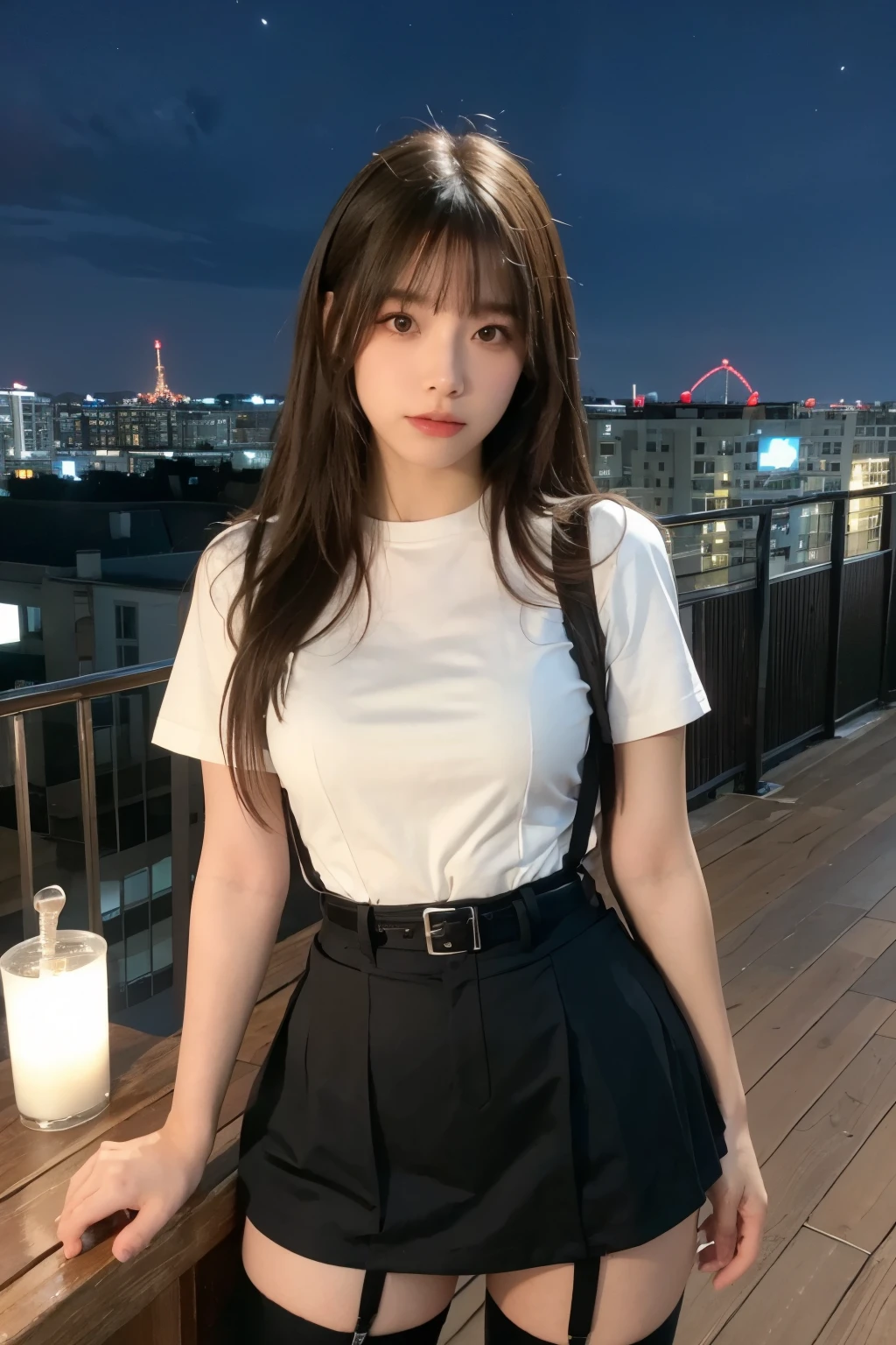 ((Midnight, highest quality, 8k, masterpiece :1.3)), whole body, Long legs, Sharp focus :1.2, Beautiful woman with perfect figure :1.4, Slim Abs :1.1, ((Dark brown hair, Big Breasts :1.2)), (White tight T-shirt, Jean Bib, Are standing:1.2), ((Night city view, rooftop:1.3)), Very detailedな顔と肌の質感, Fine grain, Double eyelids one girl,highest quality,masterpiece,figure,Very delicate and beautiful,CG,Unity,8k wallpaper,wonderful,In detail,masterpiece,Official Art,Very detailed CG Unity 8k wallpaper,Incredibly absurd,Large file size,Very detailedな,High resolution,Very detailed,Beautiful detailed girl,Realistic,from the front,Outdoor, suspenders Large swollen breasts Black mini skirt garter belt Knee-high socks bangs Beauty Hands up Black boots one person Dress shirt Hands Behind Back put your hands behind your back With your hands behind your back Armament holster A room at the Belt Hotel Bed Wall side