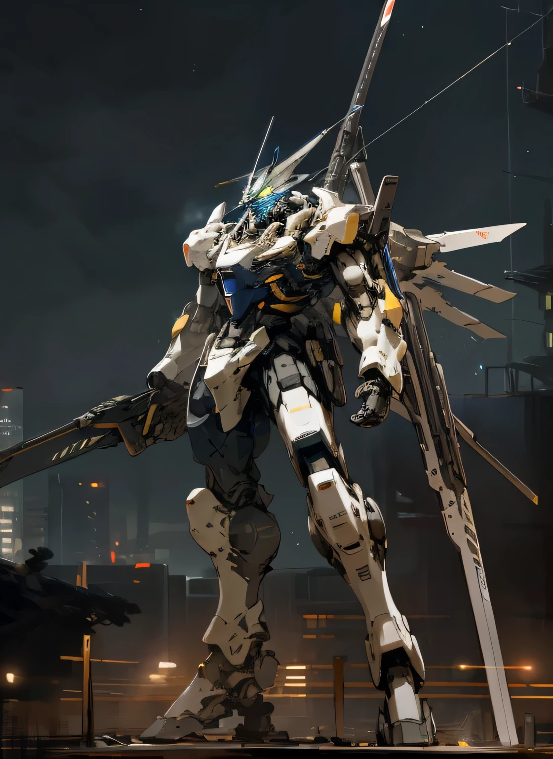 sky, night, stars, holding_weapon, no_humans, glowing, , robot, building, glowing_eyes, mecha, science_fiction, city, realistic,mecha, large mecha_wing, black blue color, sniper_rifle, tech_gun,