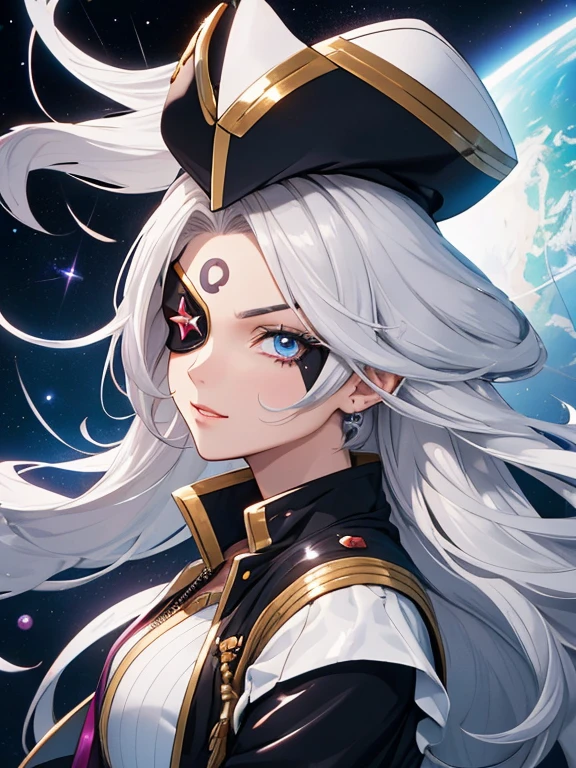 1 Female, Space pirate woman, A Cheerful Female Pirate from Space, Characterized by pirates, Gorgeous pirate costume, Eye patch, Captain Hook Female, white silver hair, curly hair, thin eyebrow, flashy pupils, glossy lips, glossy makeup, close up shot
Space Background, Space Battleship, Holds an earth-shaped ball