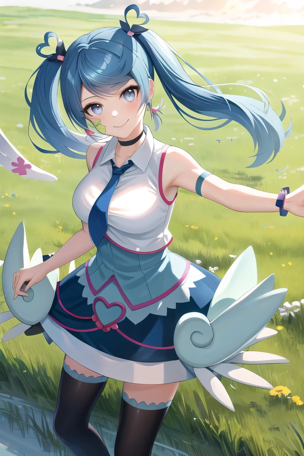 masterpiece, best quality, highres, heart hair ornament, ba1, 1girl, solo, jewelry, necktie, skirt, sleeveless, blue necktie, choker, breasts, black thighhighs, shirt, dress, blue skirt, skirt_ornament, wings, four-leaf clover_facial_tattoo, standing, cowboy shot, smile, grass, field,