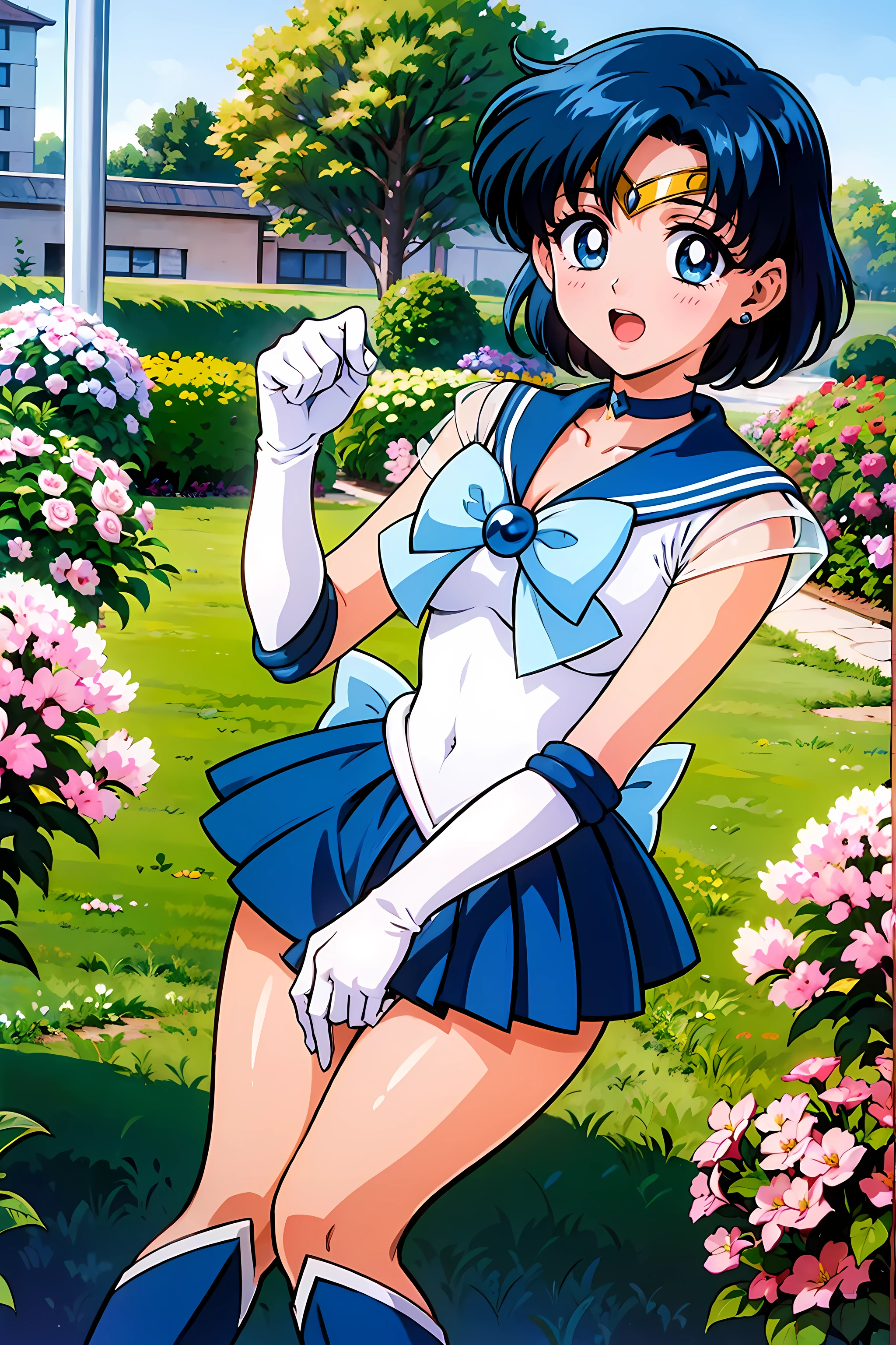 (highest quality:1.3),(ultra-Familiar:1.5),High resolution,extremely Familiar CG,unity 8k wallpaper,Official Art,Familiar,super Familiar skin,Perfect Anatomy,beautiful Familiar eyes,(Anime screenshots:1.11),Very delicate and beautiful,(90s Anime,90s Anime style,cell shaded anime:1.17),1 girl,alone,anmnr,
(mer1,1:1.52)), tiara, Sailor senshi Uniforms, Blue sailor collar, bow, Knee Boots, choker, White gloves, blue choker, elbow gloves, jewelry, Earrings, Blue Skirt,
((garden :1.2)),At dusk, ((Recommended for scenes with strong dark shadows:1.2)), Golden Flower ,Beautiful magic style, intense, Concept Art, Digital Painting,
blush, Open your mouth,Wind lift, Sexy pose, Outdoor,