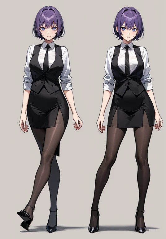 ((Perfect Face)),Purple Hair,Very short hair,1 female,,Black vest,Roll up your sleevesYshirt,tie,slit,High heels,,((Simple Background)),smile,((Full Body)),((full body)),