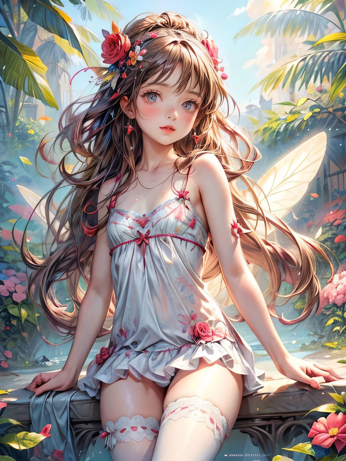 cute girl(flower fairy), crimson swimware,masterpiece: 1.2, highres,32k, photorealistic: 1.37, ultra-detailed: 1.2, beautiful delicate(hair,face,eyes,lips,thigh,swimware),delicate pupils,sparkling eyes,brilliant rosy lips,classic garden, colorful flowers, shower of light, vibrant colors illustration