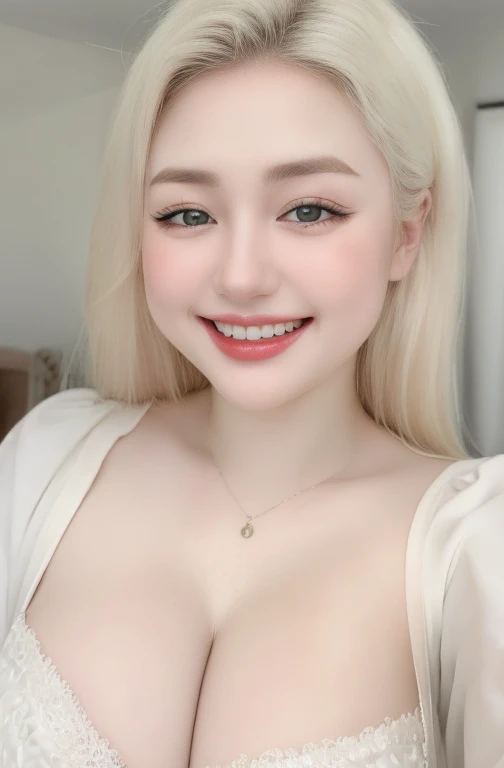 (realistic、masterpiece、Best Quality、8K、highres、white background, high resolution:1.3)、1 chubby girl:1.3)、(grin smile, show teeth:1.3),, looking at viewers, black lace bikini、pale white skin、very blond hair ,very pale skin, extremely pale blonde hair, ivory pale skin, very white skin, pale skin, very pale white skin, very pale white skin,white skin and pale porcelain, white and pale skin, fair and pale skin!!, long blonde hair, looking at viewers、super fine face and eyes、long blonde hair、 ((full breasts:1.3)), indoor、 upper body、