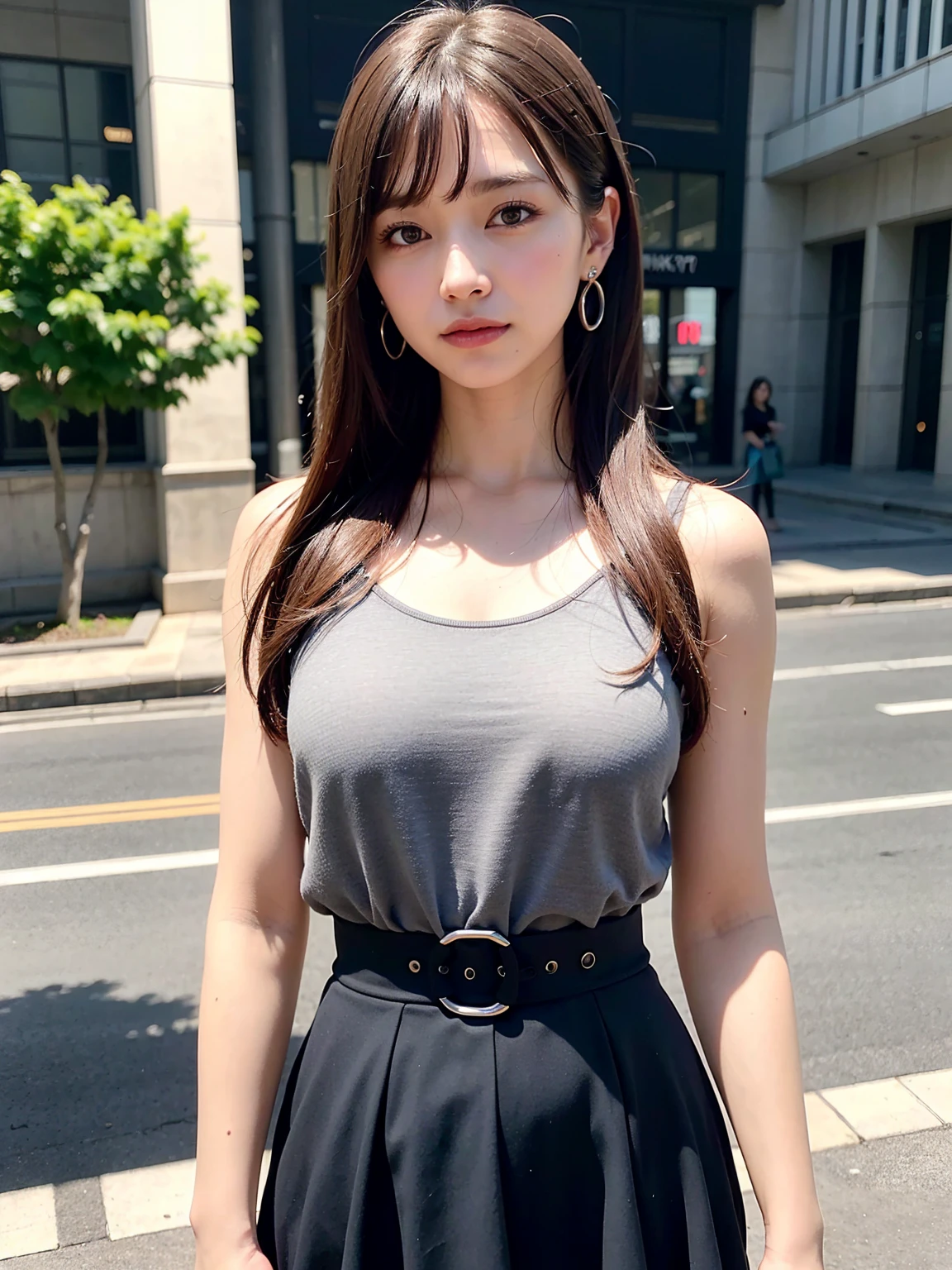 Mix 4, (8k, RAW Photos, Best image quality, masterpiece: 1.45), (Realistic, Realistic: 1.37), One Girl, cute, Realistic Background, Cityscape,Daytime,Professional Lighting, Photon Mapping, Radio City, Physically Based Rendering, Gradient Gray Hair, Shiny Hair,  With a girl, Casual clothing,Tank top, cute服, Large Breasts:1.7, cute skirt,Highest quality photos, High resolution, 1080p, (Clear Face), (Detailed face description), (Detailed hand description), (masterpiece), (Exquisite CGI), (Detailed skin texture), Extreme light and shadow, Disheveled Hair, masterpiece, Rich details, (Beautiful Face), (Highest quality photos), (masterpiece), (Fine grain), Look in front of you, Thin clavicle, ((Side bust )),(Underbust),,Earrings,Cleavage,