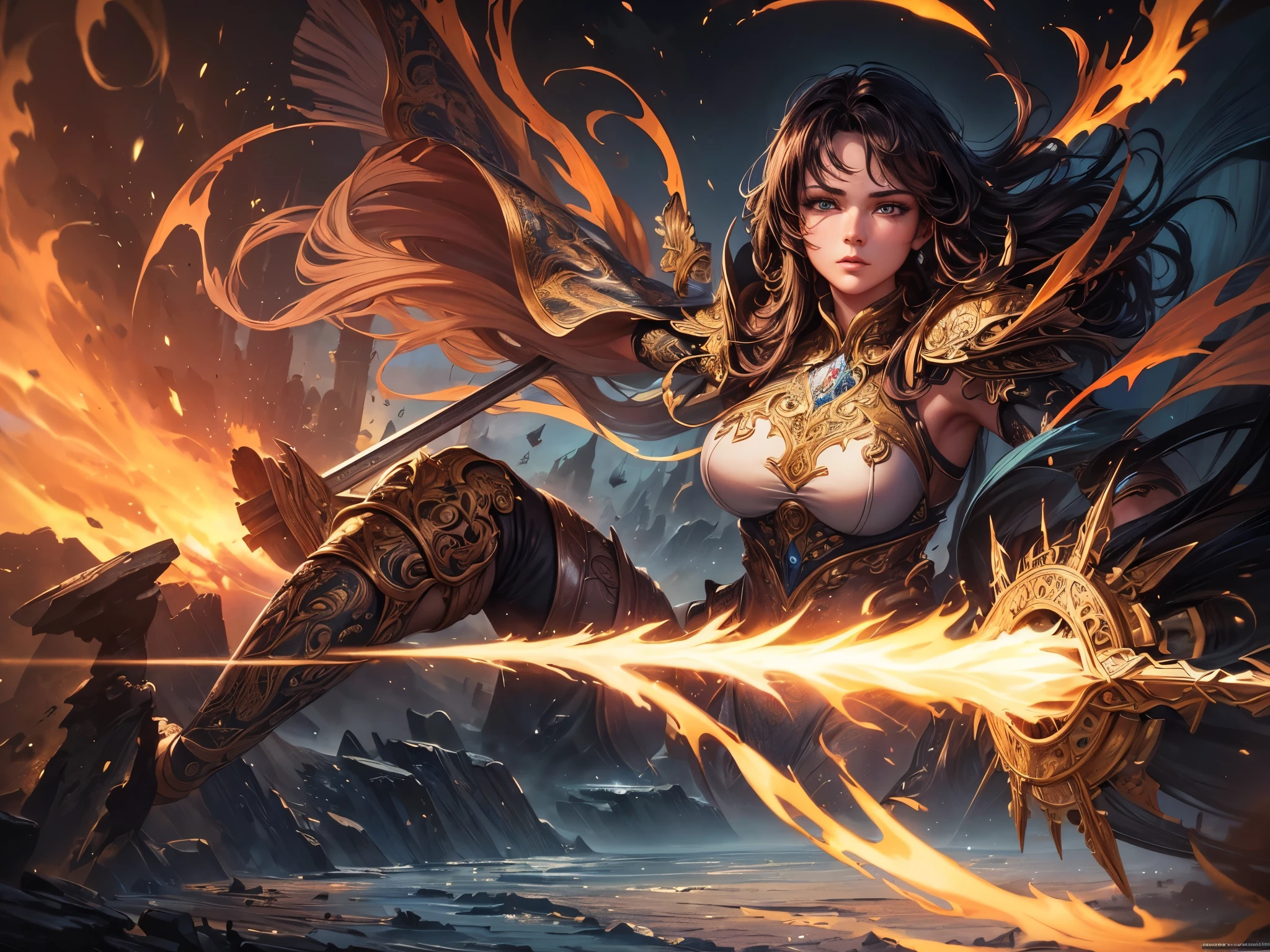 ((highest quality)),(Ultra-high resolution),(Very detailed),(Detailed Description),((The best CG)),(A masterpiece),Ultra-precise art,amazing drawing art,(Fantasy art with intricate detail:1.5), (woman:1.5),(Beautiful and well-proportioned face:1.4), Soldier, Fearless Heart, Mysterious Power, Fire of Battle,