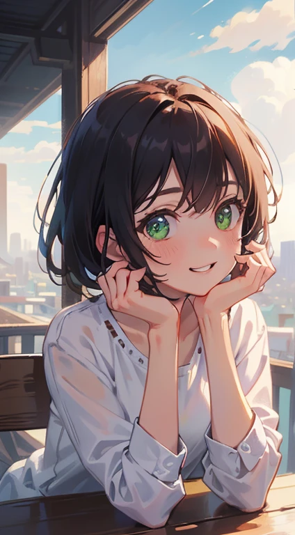 (masterpiece), (highest quality), Ultra-high resolution, Sharp focus, ((1 female, alone)), Upper Body, Photo profile shots, Beautiful detailed hair, Chestnut Hair, Fluffy bob short cut, Beautifully detailed face, ((Beautifully shaped eyes, Green Eyes)), Perfect feminine face, Comfortable face, View Viewer, smile, Open your lips, City in the morning clouds, meteor, Comfortable clothing for cloudy days