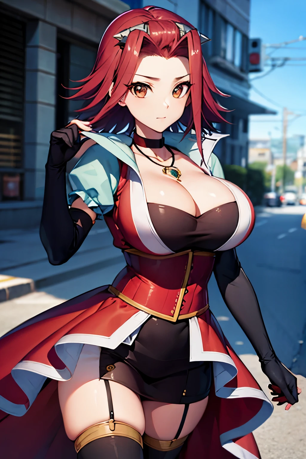 masterpiece, high quality, highres, absurdres, ultra-detailed, detailed eyes, aki1, izayoi aki, solo, elbow gloves, jewelry, cleavage, choker, necklace, black thighhighs, black gloves, large breasts, street