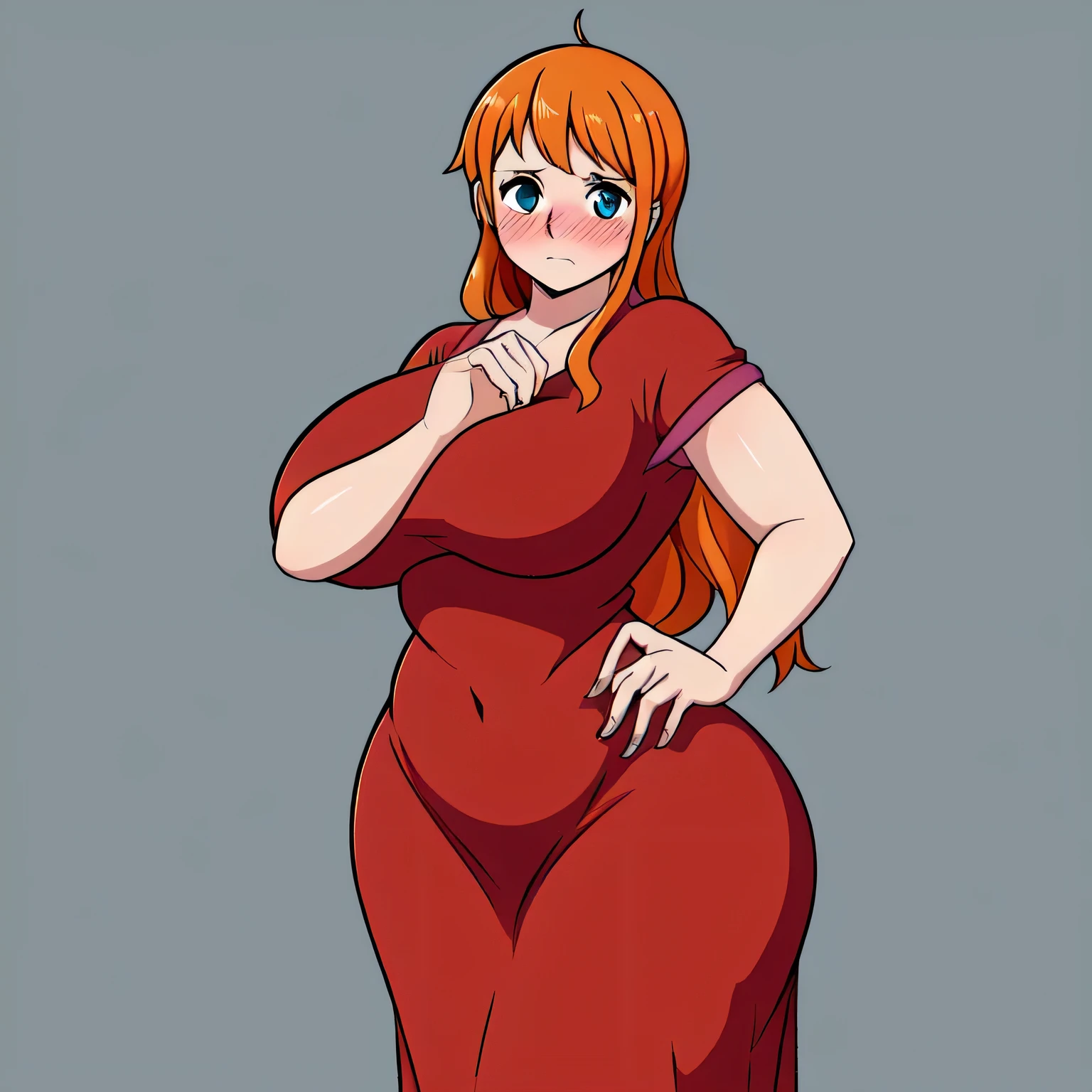 ((Masterpiece)), perfect anatomy, perfect shading, field of depth, ((best quality)), extremely delicate and beautiful, perfect lighting, detailed face, ultra cute face, cute, (cowboy shot 1.2), full body, (((1girl))), ((solo)), looking at viewer,

Nami, orange hair, blue eyes, ((blush)), (red cheeks), shy, nervous ((red long dress 1.5)), extremely tight clothes, (sexy), big deep navel, (very thick), (wide waist), ((chubby)), (chubby belly bottom)), (very soft body), medium breasts, ((wide hips)), ((thick thighs)), ((curvy))

intricate background, detailed background, hand on hip