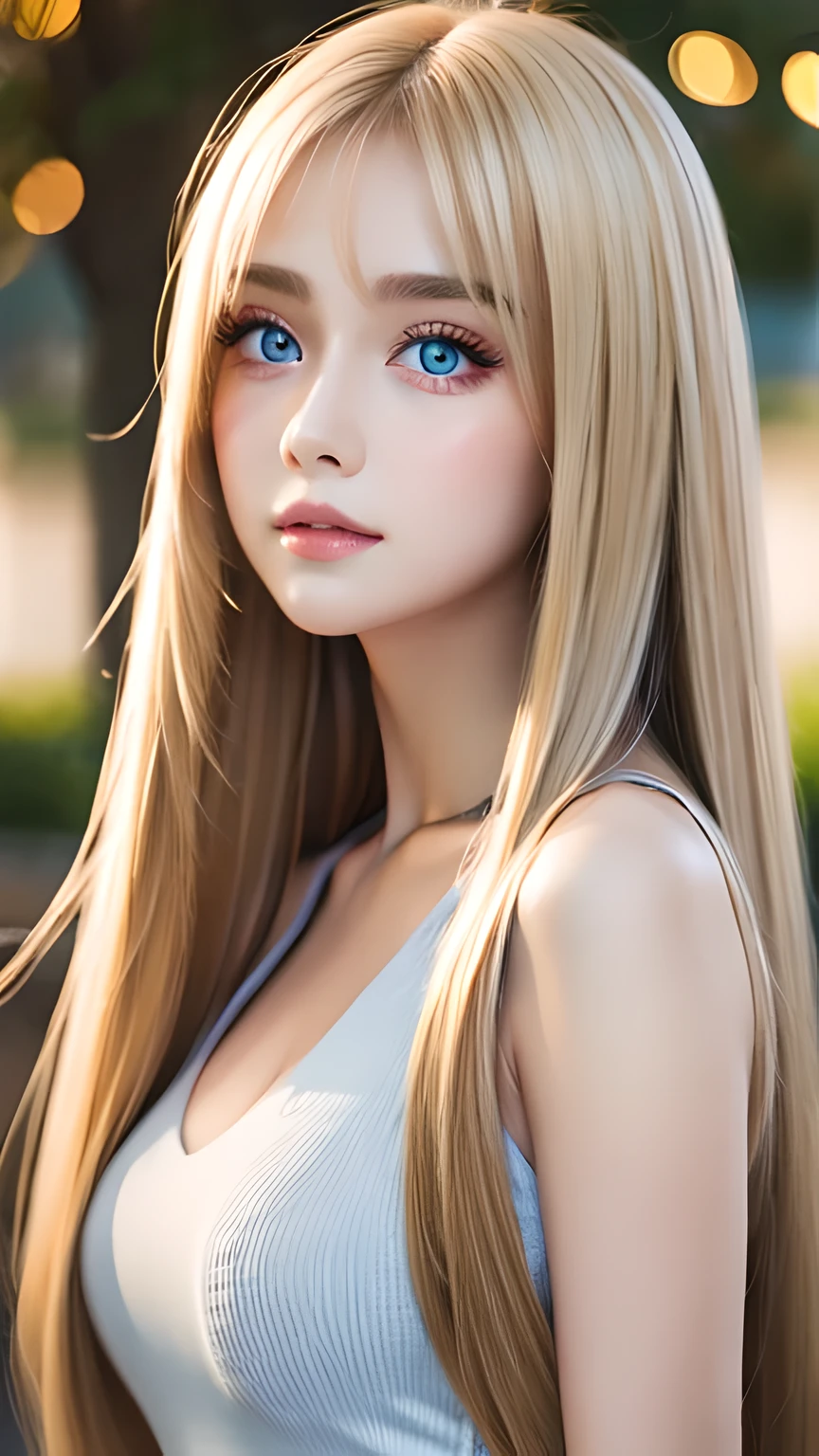 highest quality、Ultra-high resolution、(Photorealistic:1.4)、(ulzzang-6500:1.0)、Blonde super long straight silky hair、Very beautiful bright and shining pale sky blue big eyes、bangs over eyes、