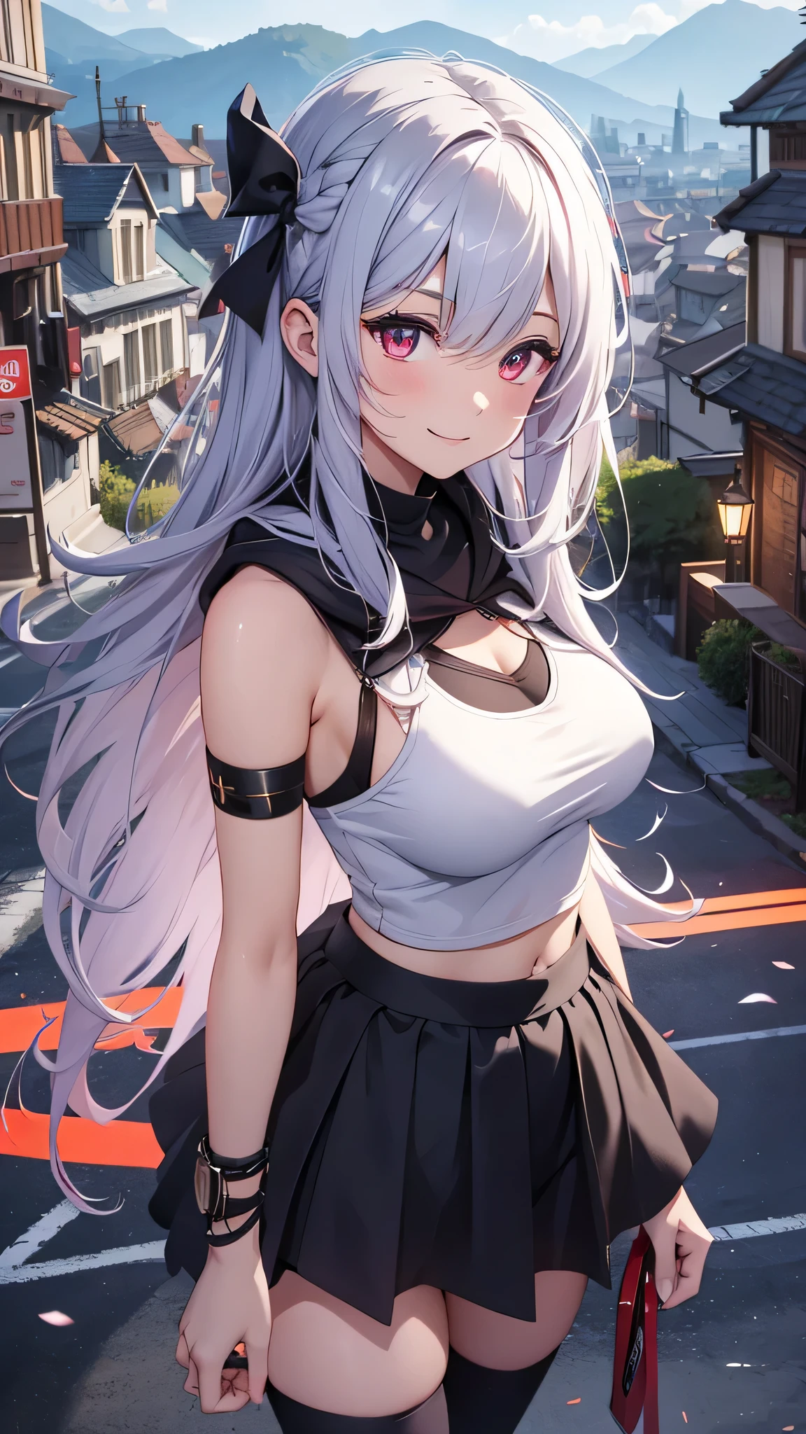 最high quality、Best image quality、masterpiece、girl((18-year-old、 By becoming、Best Bust、Medium Bust,Wide open breast tea、Red glowing eyes,Silver Hair、Disheveled Hair、Long Hair、thin,The highest valley、Open chest、White wristband、smile、hair ornamentany accessories、Black sleeveless hoodie(1:2)、Blue short skirt、Angle from directly above、Disheveled clothing、Show the whole body,)),high quality、Beautiful art、background((town))、Flight、Flying debris、Written boundary depth、movie、Visual Arts、Perfect art、8K,Genuine、