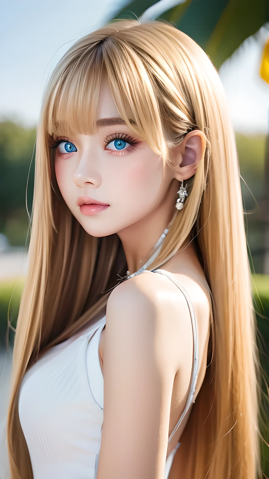 highest quality、Ultra-high resolution、(Photorealistic:1.4)、(ulzzang-6500:1.0)、Blonde super long straight silky hair、Very beautiful bright and shining pale sky blue big eyes、bangs over eyes、