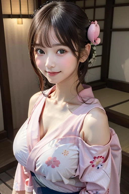 (ung girl), Extremely cute face, Amazing face and eyes, (Highly detailed eyes, Highly detailed face), fresh, Very clean appearance, (Hyper-realistic, hight resolution), (Best Quality:1.4), Raw photo, (Realistic, Photorealsitic:1.37), Professional Photography, (light pink floral pattern yukata:1.5), (Open yukata), (cleavage:1.2), (Bare shoulders), Smile slightly, (Staring at me), Bedroom, girl portrait , (gigantic breasts)