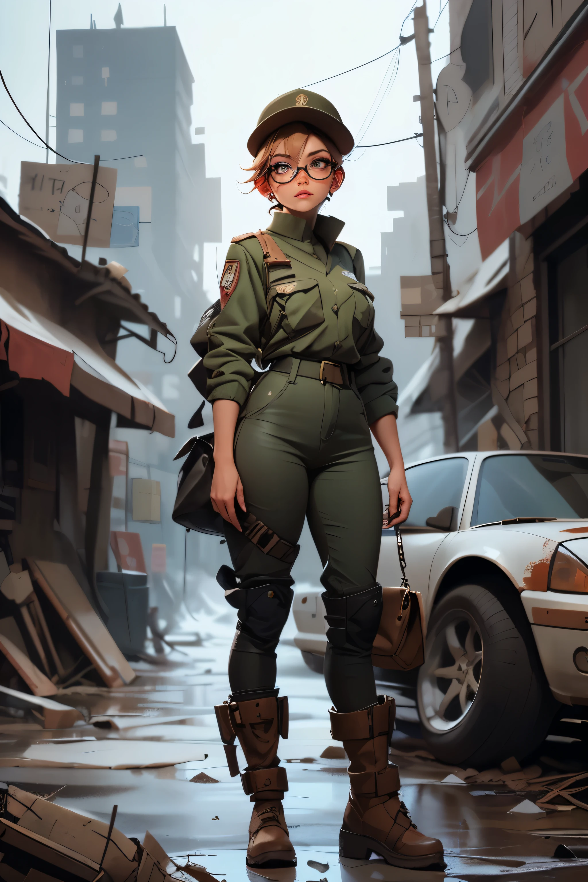 a pretty girl messenger, wearing large glasses, undercut hair, wearing postal uniform, in a post-apocalyptic world