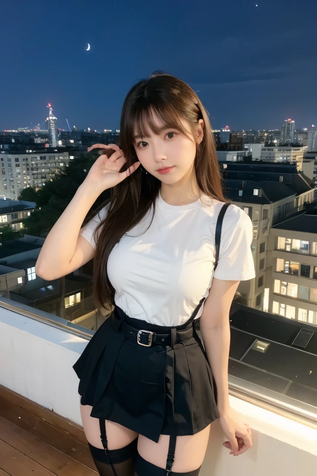 ((Midnight, highest quality, 8k, masterpiece :1.3)), whole body, Long legs, Sharp focus :1.2, Beautiful woman with perfect figure :1.4, Slim Abs :1.1, ((Dark brown hair, Big Breasts :1.2)), (White tight T-shirt, Jean Bib, Are standing:1.2), ((Night city view, rooftop:1.3)), Very detailedな顔と肌の質感, Fine grain, Double eyelids one girl,highest quality,masterpiece,figure,Very delicate and beautiful,CG,Unity,8k wallpaper,wonderful,In detail,masterpiece,Official Art,Very detailed CG Unity 8k wallpaper,Incredibly absurd,Large file size,Very detailedな,High resolution,Very detailed,Beautiful detailed girl,Realistic,from the front,Outdoor, suspenders Large swollen breasts Black mini skirt garter belt Knee-high socks bangs Beauty Hands up Black boots one person Dress shirt Hands Behind Back put your hands behind your back With your hands behind your back Armament holster A room at the Belt Hotel Bed Wall side