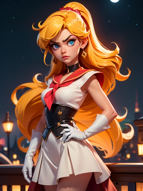 1girl, a woman as a superhero, (extremely detailed CG unity 8k wallpaper), photo of the most beautiful artwork in the world, Intricate, High Detail, Sharp focus, dramatic, photorealistic painting art by midjourney and greg rutkowski, 
(looking at viewer:1.2), (detailed pupils:1.3), ((full shot:1.5)), (eyeliner), (strong cateye makeup), slim body,  (flat chest:1.2), 
sailor_venus, angry face, (blue eyes), night, starry sky and the moon in background, magic glow around hands,