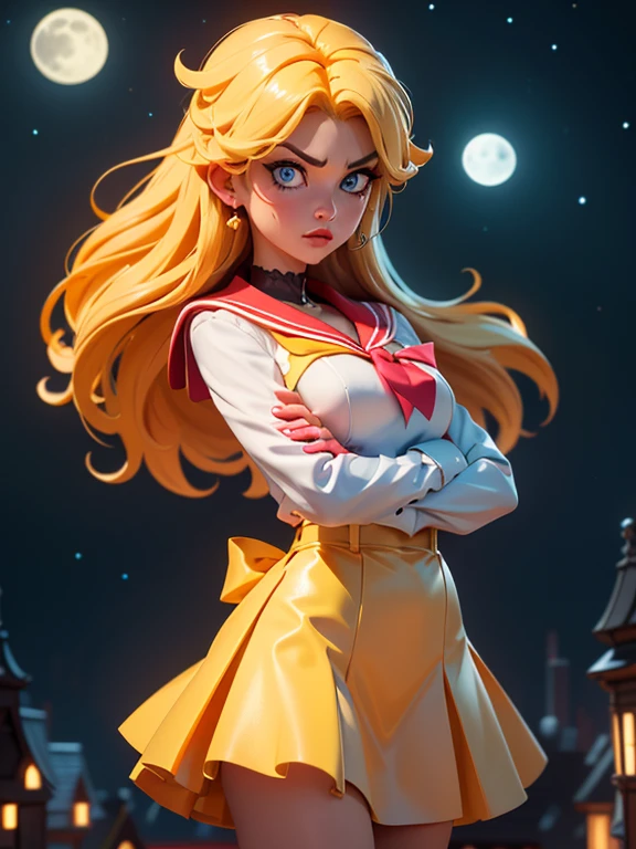1girl, a woman as a superhero, (extremely detailed CG unity 8k wallpaper), photo of the most beautiful artwork in the world, Intricate, High Detail, Sharp focus, dramatic, photorealistic painting art by midjourney and greg rutkowski,
(looking at viewer:1.2), (detailed pupils:1.3), ((full shot:1.5)), (eyeliner), (strong cateye makeup), slim body, <lora:MyBreastHelperRS:1>, (flat chest:1.2),
<lora:sailor_venus:0.8>, sailor_venus, smirk, happy face, standing in relaxed pose, (blue eyes), night, starry sky and the moon in background,