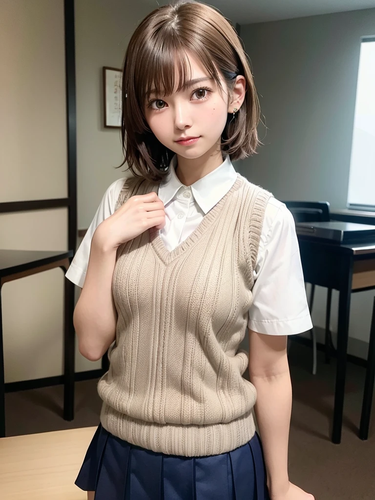 Masterpiece, Top Quality, Top Mikoto, brown eyes, short hair, small breasts, looking at viewer, alone, closed mouth, collared shirt, beige knit vest, dark blue Skirt, school_uniform, shirt, white_shirt, classroom,Masterpiece, highest quality, 8K, detailed skin texture, fine cloth texture, beautiful detailed face, intricate details, super detailed,cute,cute posing,composition that shows the whole body,