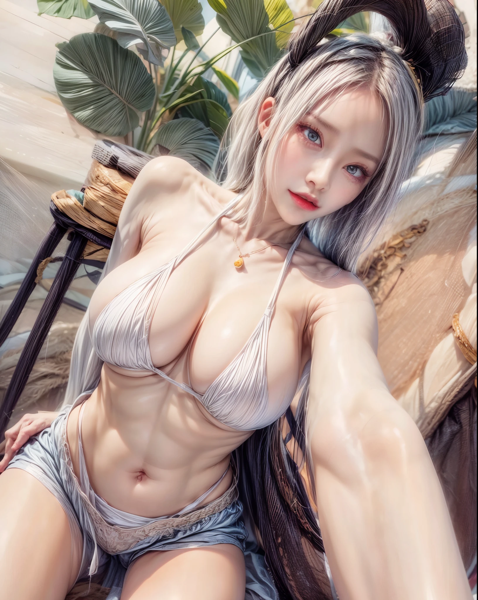 realistic, 1 women, best quality, 12k, HD, long hair, big round breasts, cleavage, ponytail, necklace, jewelry, shorts, short jacket, slim hips, hair tie, yellow eyes, black hair, super detailed, Eye details, hair details, person details, mouth details, face details, breast details, clothes details, hair details, pants details, hand details, whole body