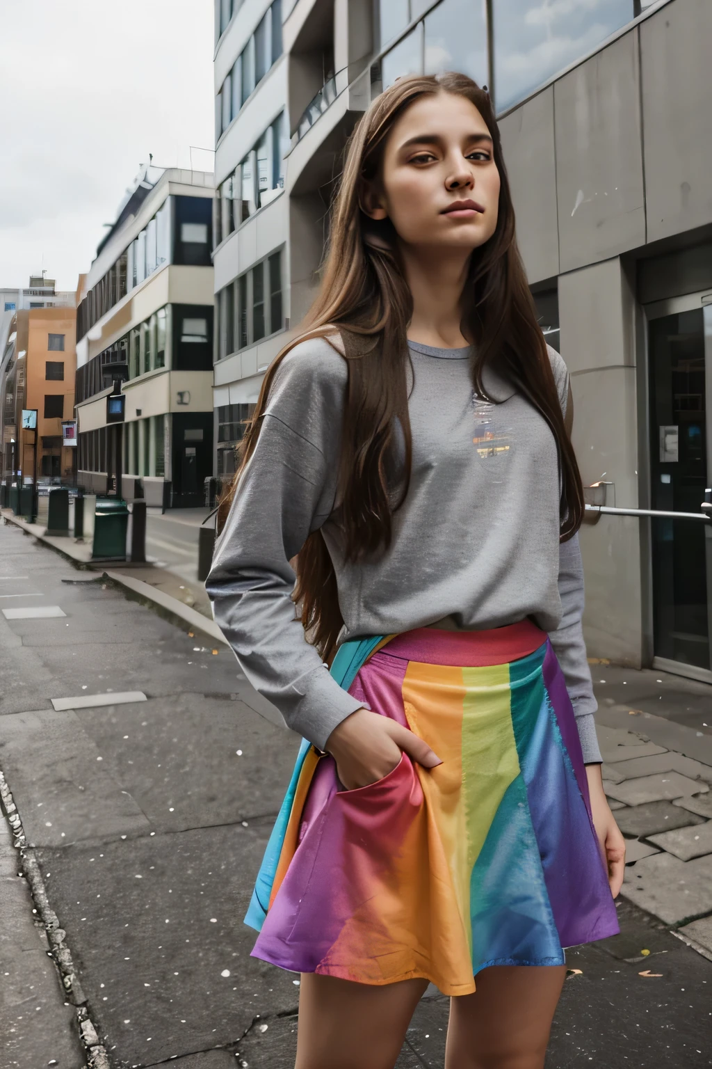 the guy in the rainbow clothes. the skirt. long hair. student. against the background of a gray city. 
