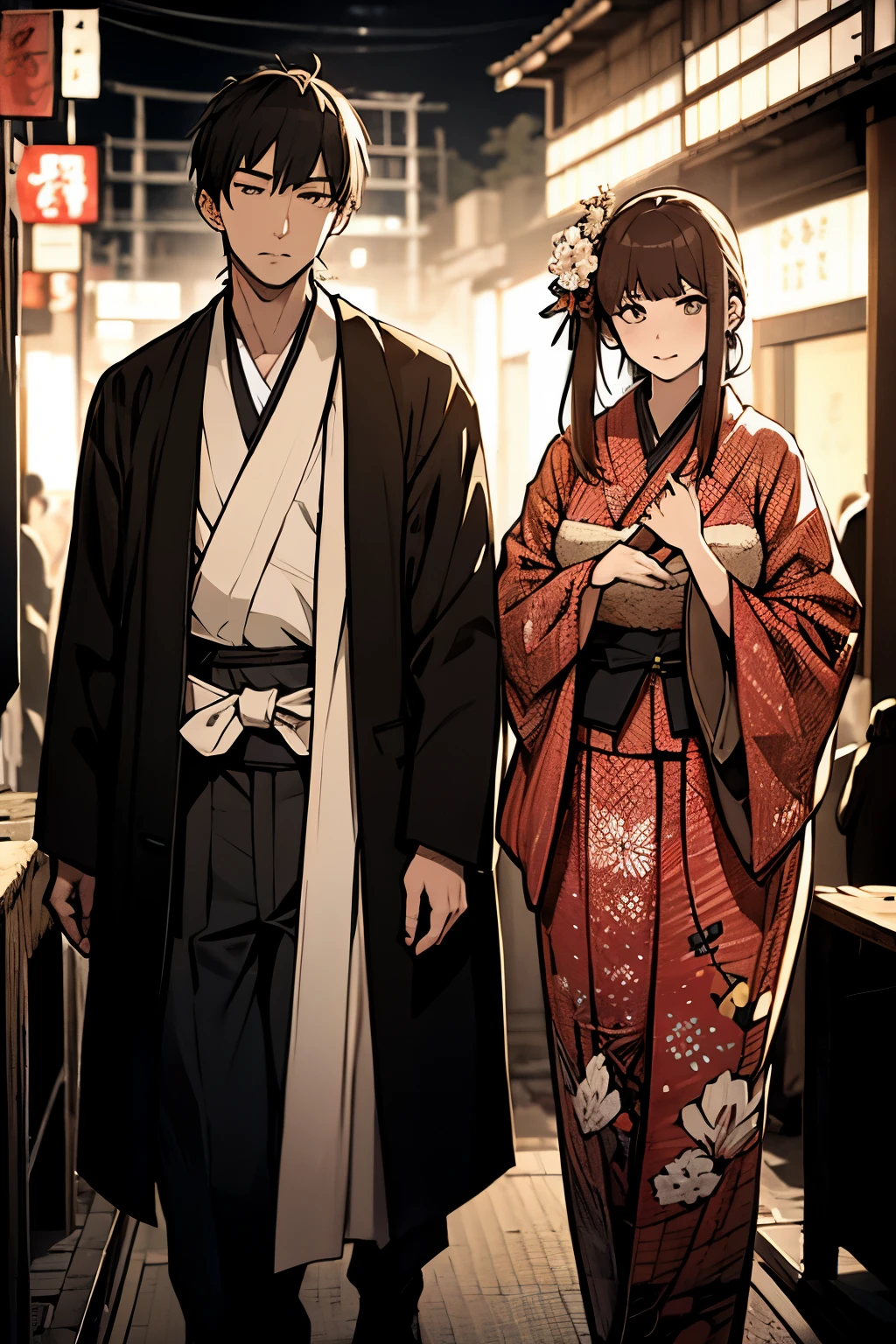 a japonese man in a tradicional outfit with a japonese lady in tradicional outfit