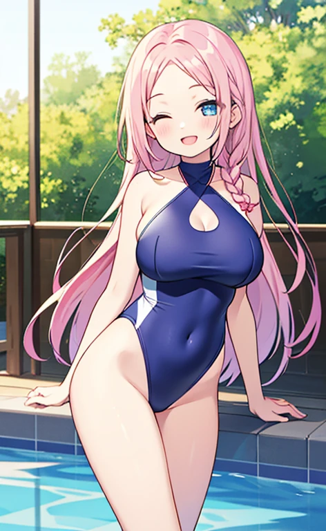 (masterpiece:1.4、top-quality、illustration:1.4,realistic、)、(character focus、breast focus,cowboy shot:1.3)、(1girl),(Open mouth happy smile:1.3),(half closed eyes),cute face,blue eyes、()、
,(stand:1.4),(Shining smile),
,(slender),(high neck halter swimsuit:1.3),(pink long hair:1.6,forehead:1.3),(single braid:1.3), (large breasts:1.3)、
、slender、pool,、