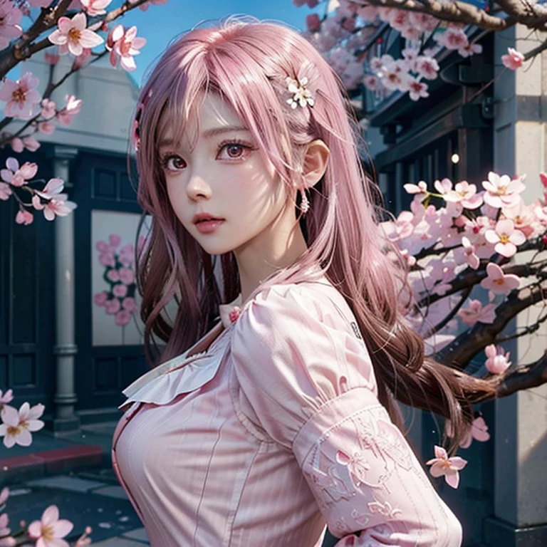 Light pink hair, Pink Eyes, Pink and white, Cherry Blossom, Vibrant colors, steampunk, blouse white、Paint Splash, Simple Background, Ray Tracing, Wavy long hair、Engel wing in the back、Looking back