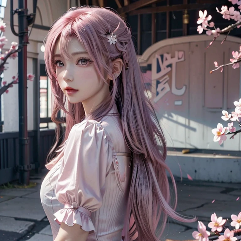 Light pink hair, Pink Eyes, Pink and white, Cherry Blossom, Vibrant colors, steampunk, blouse white、Paint Splash, Simple Background, Ray Tracing, Wavy long hair、Engel wing in the back、Looking back