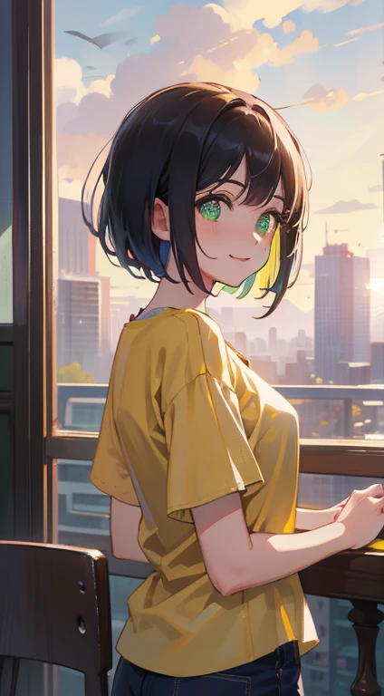 (masterpiece), (highest quality), Ultra-high resolution, Sharp focus, ((1 female, alone)), Upper Body, Photo profile shots, Beautiful detailed hair, Chestnut Hair, Fluffy bob short cut, yellow blouse shirt, Beautifully detailed face, ((Beautifully shaped eyes, Green Eyes)), Perfect feminine face, Comfortable face, View Viewer, smile, Open your lips, City in the morning clouds, meteor, Comfortable clothing for cloudy days