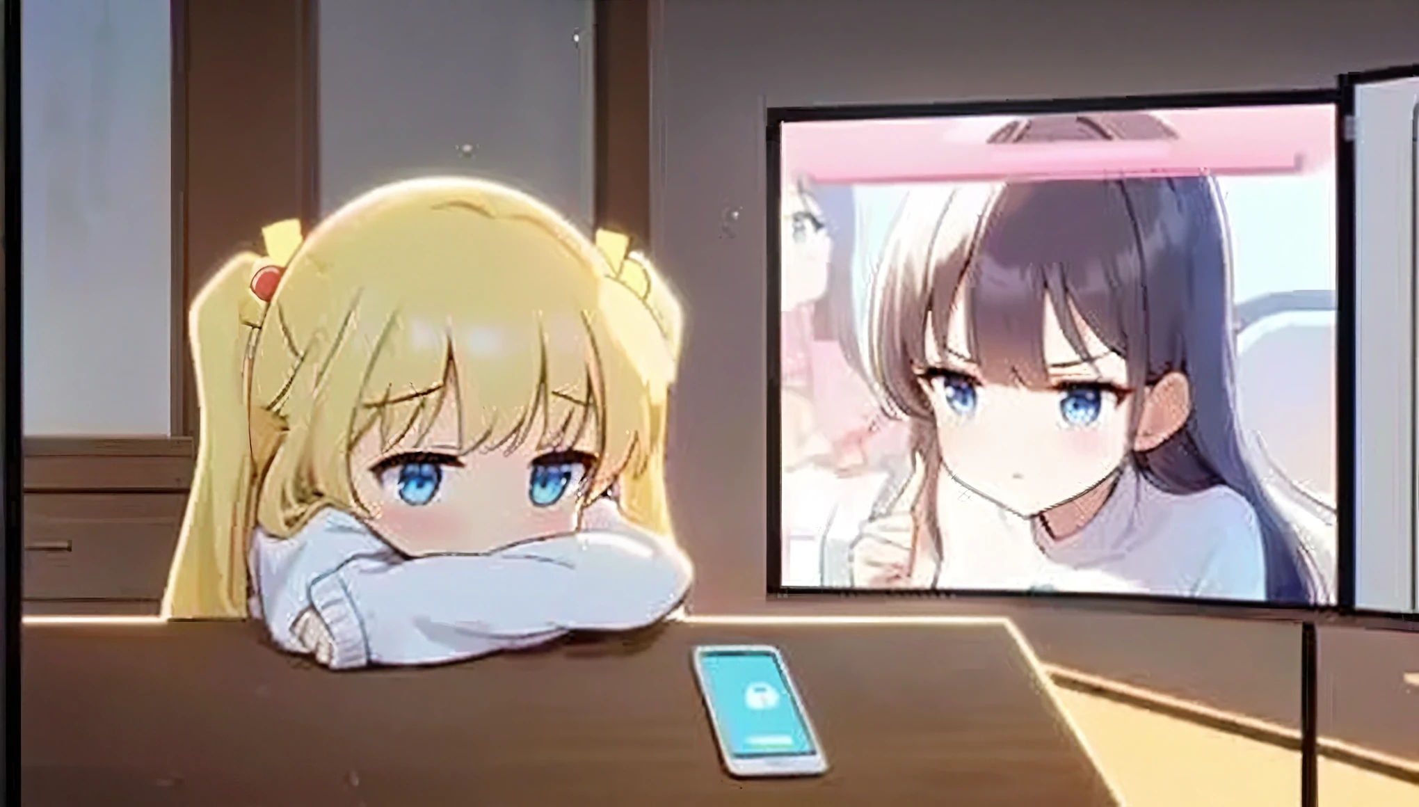 Japanese cartoons scene of a girl and a boy watching a video on a tv, Holographic Live Broadcast, Japanese cartoons style. 8k, calmly conversing 8k, Japanese cartoons visual of a cute girl, Japanese cartoons style 4K, Japanese cartoons! 4K, Japanese cartoons! 4K, 8k Japanese cartoons, cute Japanese cartoons, guys, Japanese cartoons moe artstyle, Japanese cartoons opening, Girl front style,(black hair ornament)