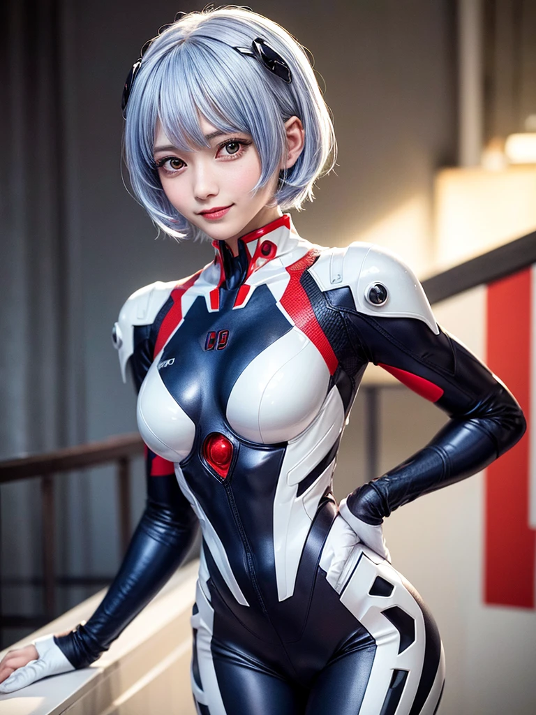 Masterpiece, highest quality, 8K, detailed skin texture, fine cloth texture, beautiful detailed face, intricate details, super detailed, portrait of Rei Ayanami, blue hair, red eyes, looking far away, no background, Evangelion Wearing a plug suit when riding, plug suit, whole body visible, standing, arms crossed, , beautiful, cute, great style, smiling,composition that shows the whole body,