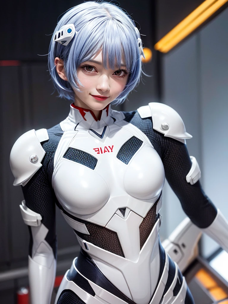 Masterpiece, highest quality, 8K, detailed skin texture, fine cloth texture, beautiful detailed face, intricate details, super detailed, portrait of Rei Ayanami, blue hair, red eyes, looking far away, no background, Evangelion Wearing a plug suit when riding, plug suit, whole body visible, standing, arms crossed, 15 years old, beautiful, cute, great style, smiling,composition that shows the whole body,