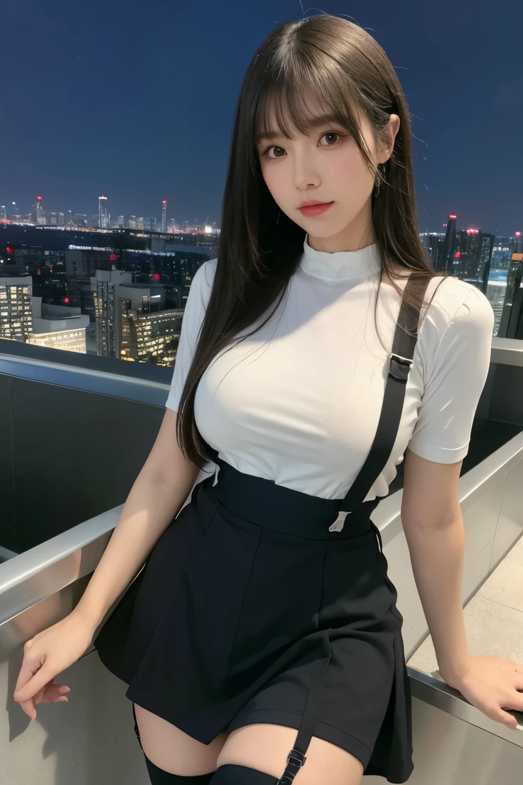 ((Midnight, highest quality, 8k, masterpiece :1.3)), whole body, Long legs, Sharp focus :1.2, Beautiful woman with perfect figure :1.4, Slim Abs :1.1, ((Dark brown hair, Big Breasts :1.2)), (White tight T-shirt, Jean Bib, Are standing:1.2), ((Night city view, rooftop:1.3)), Very detailedな顔と肌の質感, Fine grain, Double eyelids one girl,highest quality,masterpiece,figure,Very delicate and beautiful,CG,Unity,8k wallpaper,wonderful,In detail,masterpiece,Official Art,Very detailed CG Unity 8k wallpaper,Incredibly absurd,Large file size,Very detailedな,High resolution,Very detailed,Beautiful detailed girl,Realistic,from the front,Outdoor,　suspenders　　　Large swollen breasts　　 　 　　　　Black mini skirt　garter belt　Knee-high socks　　　　　　　bangs 　　　　　Beauty　　Hands up　　 　　Black boots 　　　　one person 　　　Dress shirt　　　Hands Behind Back　put your hands behind your back　　With your hands behind your back　Armament　holster　　A room at the Belt Hotel　Bed　Wall side　