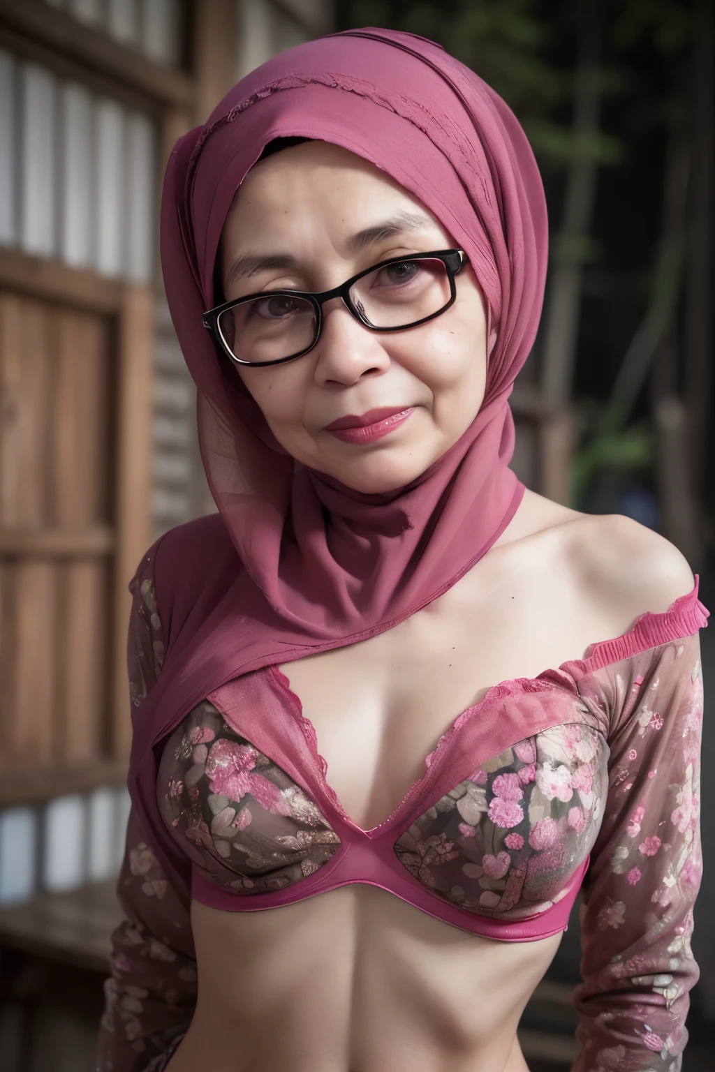 Spectacles, ((Old body lady:1.2)), ((Old lady:1.6)), ((FLAT CHEST:1.6)), (Happy smile), (((HIJAB MALAY GIRL))), masutepiece, High quality, UHD 32K, Realistic face, Realistic skin feeling , A Japanese Lady, 58 years old matured lady, , Very cute and baby-like face, (((FLAT CHEST))), (Night time at forest), ((look In front  at the camera and SADNESS)), (((CUTE GIRL))), ((RED FLUORESCENT LIPS)), ((Floral Pattern)) little ((wearing strapless bra)), strapless colorful bra, dark night background , black forest night, horror scary place, (from behind up) seductive pose