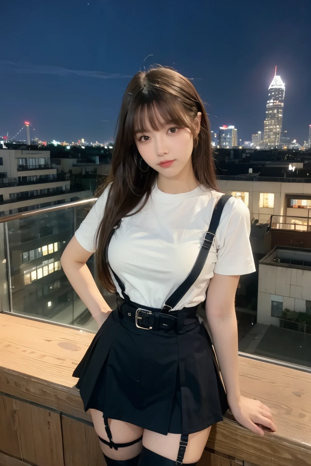 ((Midnight, highest quality, 8k, masterpiece :1.3)), whole body, Long legs, Sharp focus :1.2, Beautiful woman with perfect figure :1.4, Slim Abs :1.1, ((Dark brown hair, Big Breasts :1.2)), (White tight T-shirt, Jean Bib, Are standing:1.2), ((Night city view, rooftop:1.3)), Very detailedな顔と肌の質感, Fine grain, Double eyelids one girl,highest quality,masterpiece,figure,Very delicate and beautiful,CG,Unity,8k wallpaper,wonderful,In detail,masterpiece,Official Art,Very detailed CG Unity 8k wallpaper,Incredibly absurd,Large file size,Very detailedな,High resolution,Very detailed,Beautiful detailed girl,Realistic,from the front,Outdoor, suspenders Large swollen breasts Black mini skirt garter belt Knee-high socks bangs Beauty Hands up Black boots one person Dress shirt Hands Behind Back put your hands behind your back With your hands behind your back Armament holster A room at the Belt Hotel Bed Wall side
