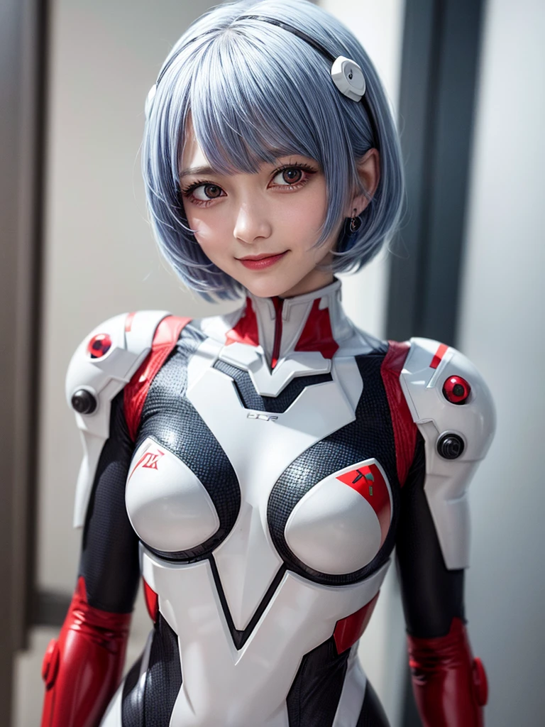 Masterpiece, highest quality, 8K, detailed skin texture, fine cloth texture, beautiful detailed face, intricate details, super detailed, portrait of Rei Ayanami, blue hair, red eyes, looking far away, no background, Evangelion Wearing a plug suit when riding, plug suit, whole body visible, standing, arms crossed, 15 years old, beautiful, cute, great style, smiling,composition that shows the whole body,