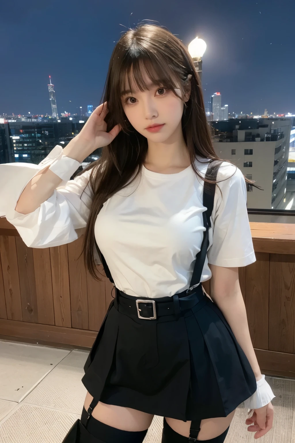 ((Midnight, highest quality, 8k, masterpiece :1.3)), whole body, Long legs, Sharp focus :1.2, Beautiful woman with perfect figure :1.4, Slim Abs :1.1, ((Dark brown hair, Big Breasts :1.2)), (White tight T-shirt, Jean Bib, Are standing:1.2), ((Night city view, rooftop:1.3)), Very detailedな顔と肌の質感, Fine grain, Double eyelids one girl,highest quality,masterpiece,figure,Very delicate and beautiful,CG,Unity,8k wallpaper,wonderful,In detail,masterpiece,Official Art,Very detailed CG Unity 8k wallpaper,Incredibly absurd,Large file size,Very detailedな,High resolution,Very detailed,Beautiful detailed girl,Realistic,from the front,Outdoor, suspenders Large swollen breasts Black mini skirt garter belt Knee-high socks bangs Beauty Hands up Black boots one person Dress shirt Hands Behind Back put your hands behind your back With your hands behind your back Armament holster A room at the Belt Hotel Bed Wall side